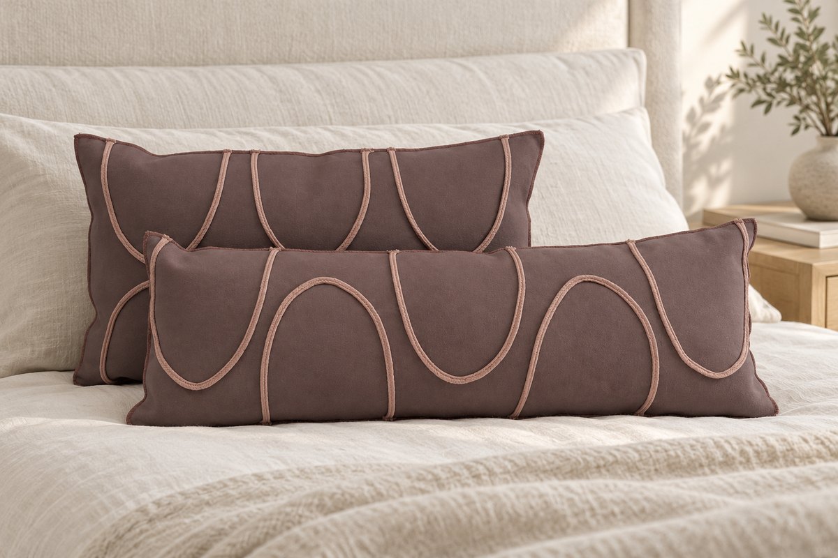 Cojines en cama de lino marfil